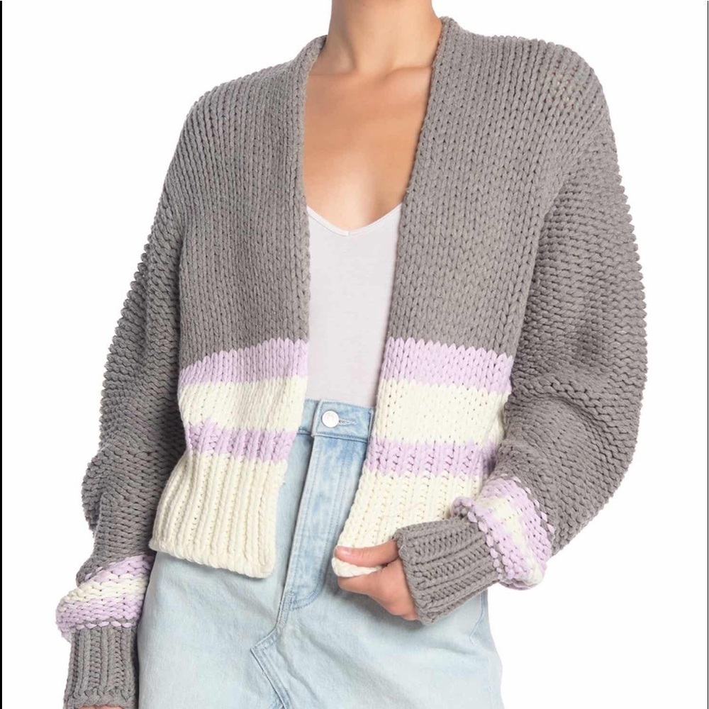 Gray Knit Open-Front Sweater with Cream & Light Purple Stripes